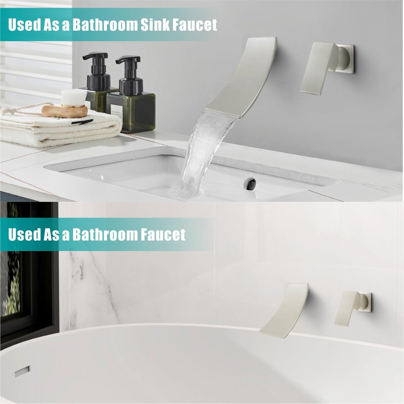 SKOWLL Wall Mount Bathroom Faucet, Brushed Nickel Bathtub Waterfall Sink Faucets, Single Handle Bathroom Lavatory Faucet - Image 4